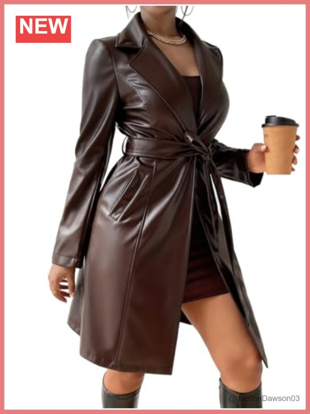 Women's Faux Leather Trench Coat Belted Lapel Long Jacket